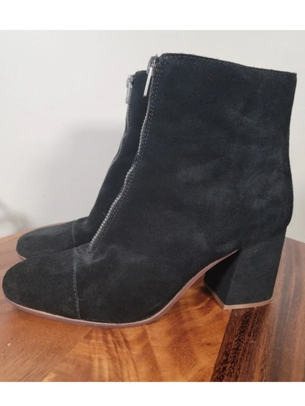 Madewell The Amalia Suede Front Zip Ankle Boots Black Size 6 Block Heel Retro